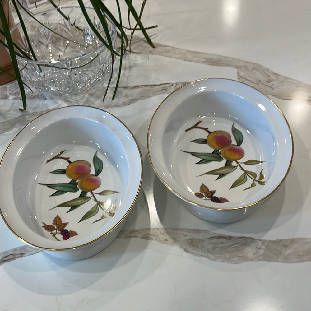 Pair of Royal Worcester Evesham pattern oval baking or serving dishes 9”x6”x2.5”